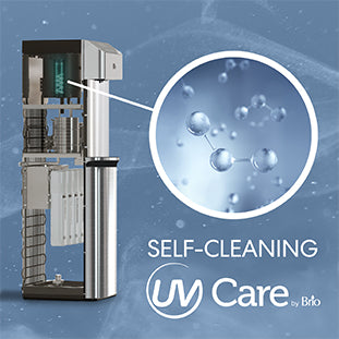 A cutaway of a stainless steel water dispenser highlights its internal self-cleaning feature with a zoomed-in graphic of molecules. Text reads: SELF-CLEANING UV Care by Brio against a blue background.